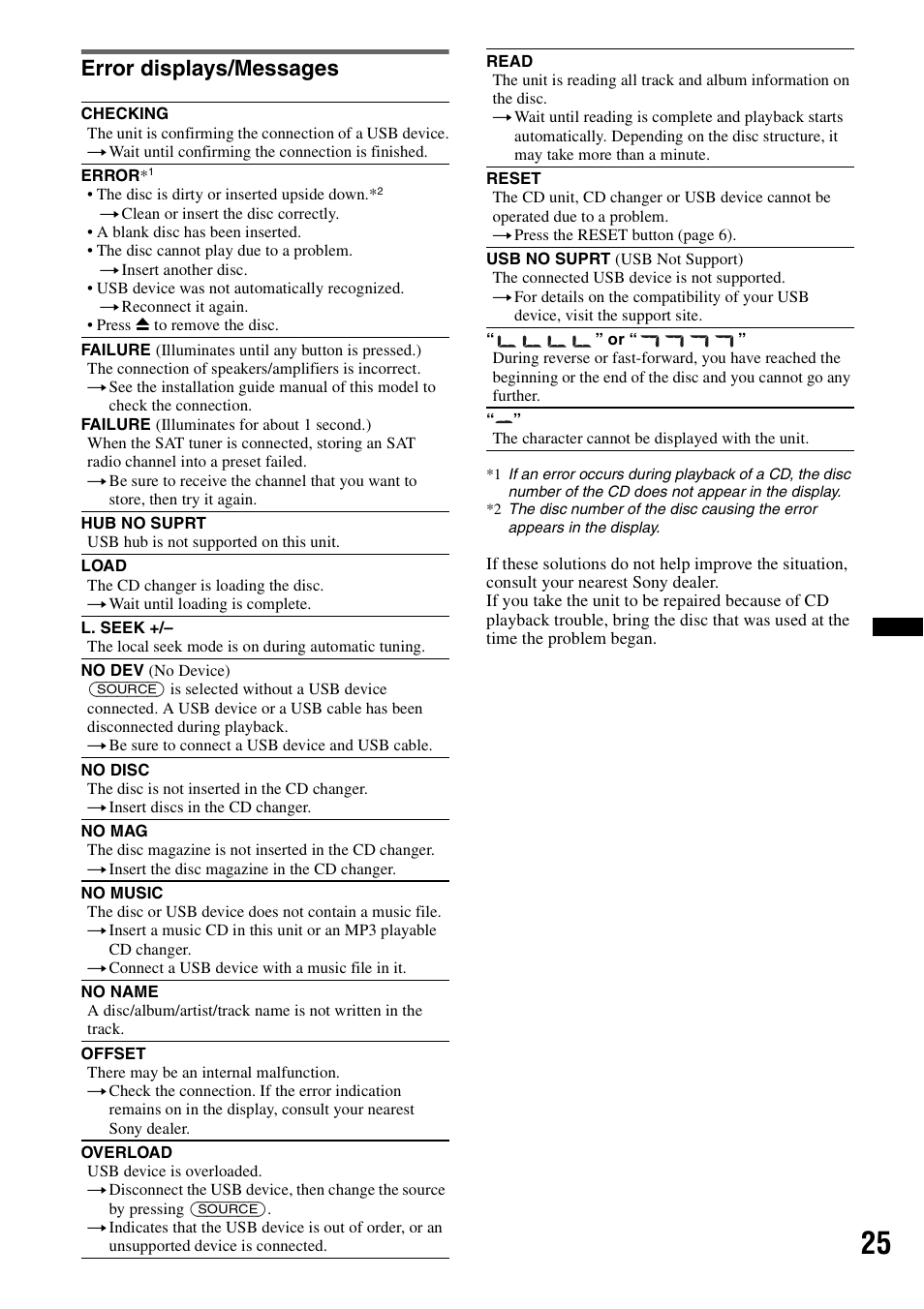 Error displays/messages | Sony WX-GT77UI User Manual | Page 25 / 52