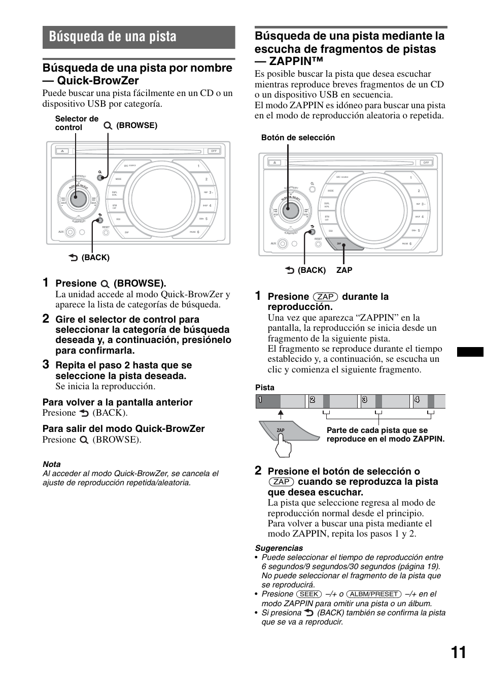 Búsqueda de una pista, Búsqueda de una pista por nombre — quick-browzer, Browse) selector de control (back) | Zap botón de selección (back) | Sony WX-GT77UI User Manual | Page 35 / 52