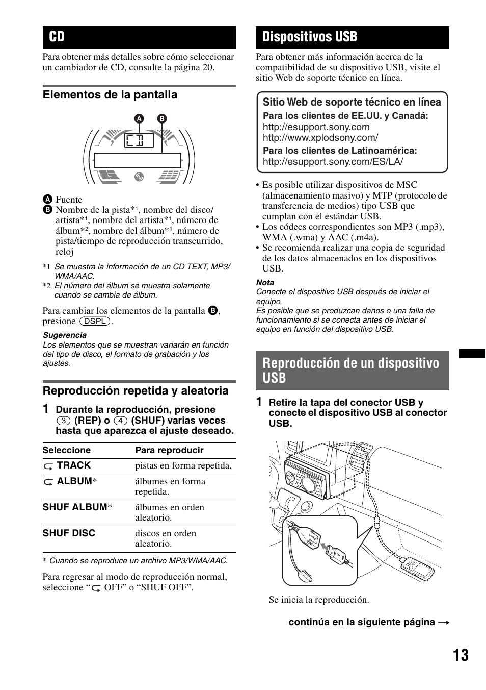 Elementos de la pantalla, Reproducción repetida y aleatoria, Dispositivos usb | Reproducción de un dispositivo usb | Sony WX-GT77UI User Manual | Page 37 / 52