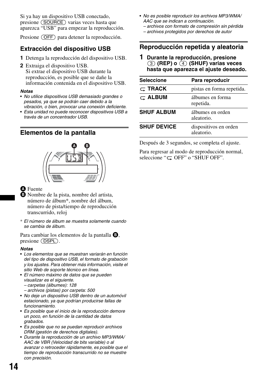 Elementos de la pantalla, Reproducción repetida y aleatoria | Sony WX-GT77UI User Manual | Page 38 / 52