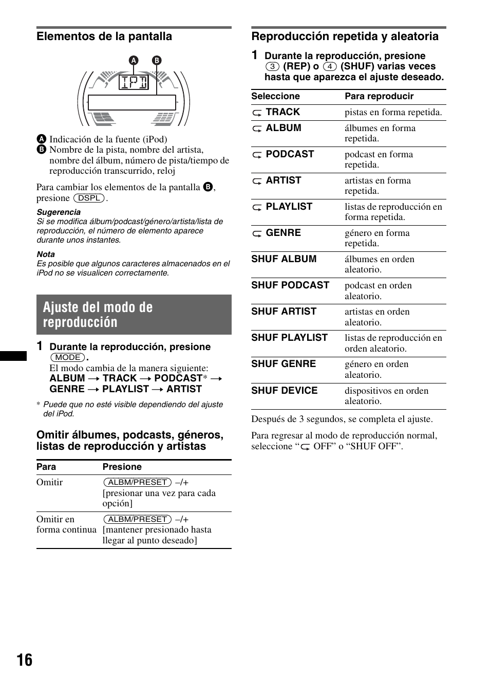 Elementos de la pantalla, Ajuste del modo de reproducción, Reproducción repetida y aleatoria | Sony WX-GT77UI User Manual | Page 40 / 52