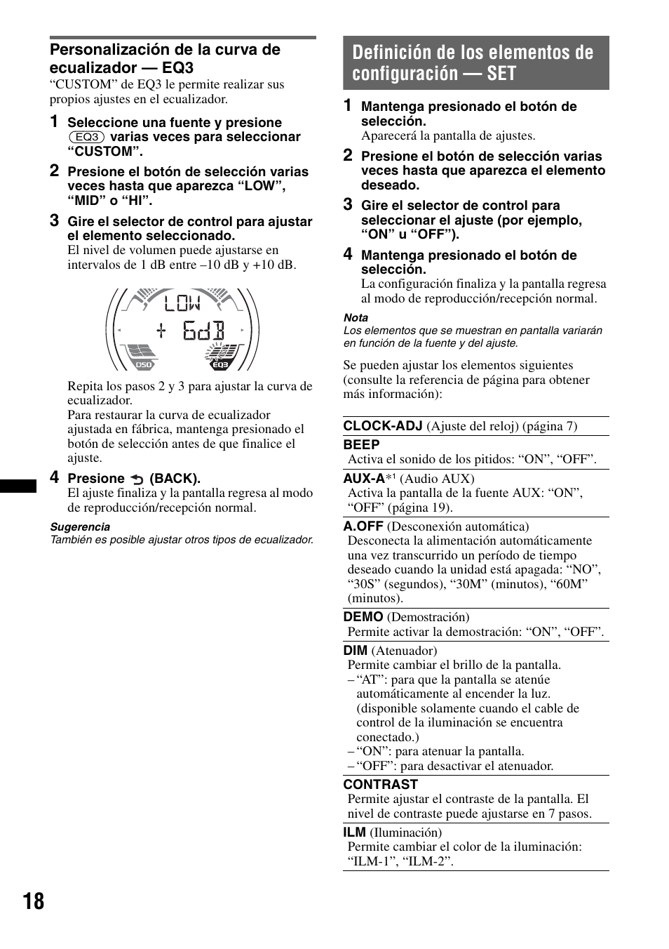 Personalización de la curva de ecualizador — eq3, Definición de los elementos de configuración — set | Sony WX-GT77UI User Manual | Page 42 / 52