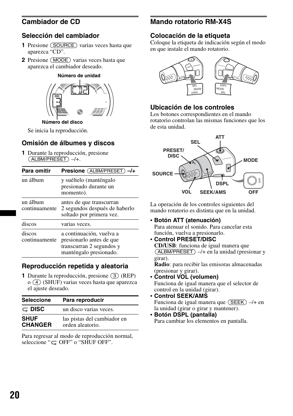 Cambiador de cd, Mando rotatorio rm-x4s, Cambiador de cd mando rotatorio rm-x4s | Selección del cambiador, Omisión de álbumes y discos, Reproducción repetida y aleatoria, Colocación de la etiqueta, Ubicación de los controles | Sony WX-GT77UI User Manual | Page 44 / 52