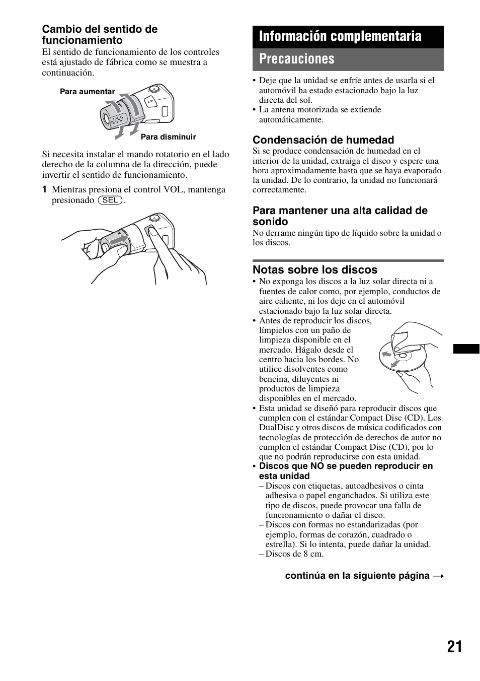 Información complementaria, Precauciones, Notas sobre los discos | Información complementaria precauciones | Sony WX-GT77UI User Manual | Page 45 / 52