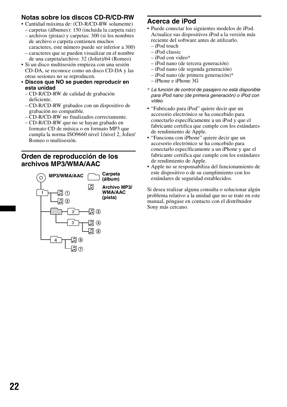 Orden de reproducción de los archivos mp3/wma/aac, Acerca de ipod | Sony WX-GT77UI User Manual | Page 46 / 52