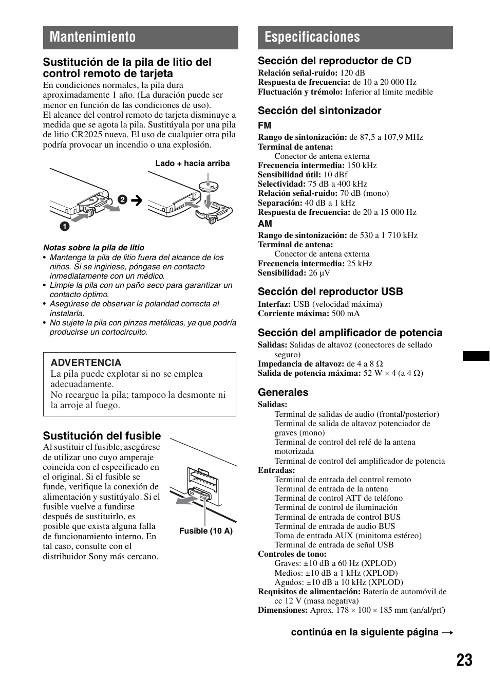 Mantenimiento, Especificaciones, Mantenimiento especificaciones | Sony WX-GT77UI User Manual | Page 47 / 52