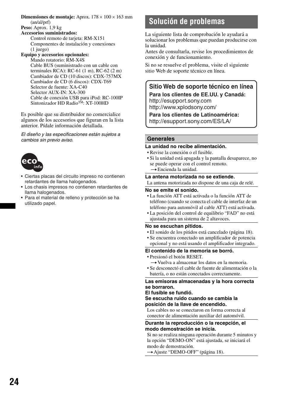 Solución de problemas, Sitio web de soporte técnico en línea | Sony WX-GT77UI User Manual | Page 48 / 52