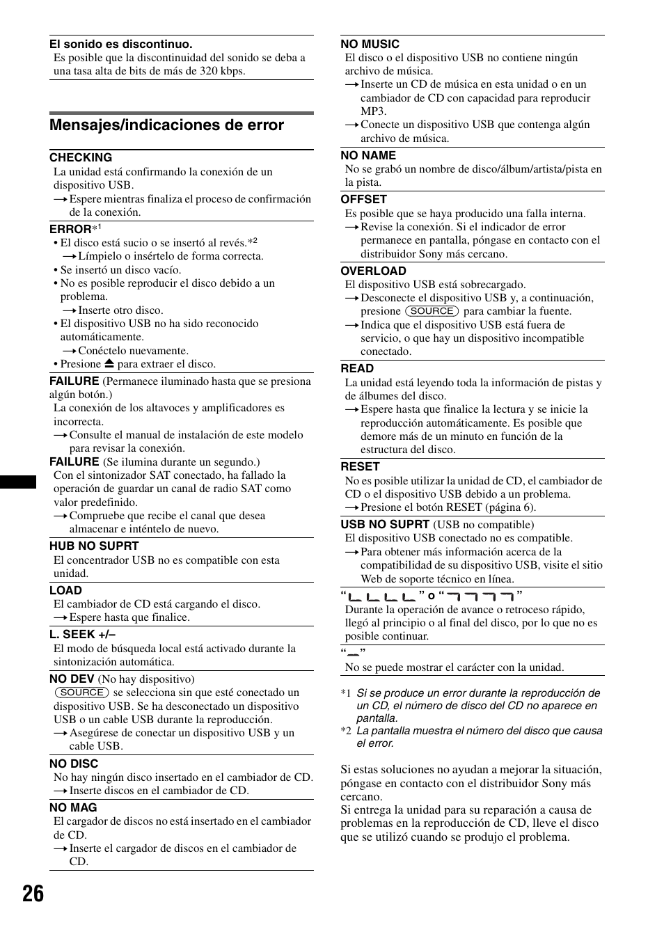 Mensajes/indicaciones de error | Sony WX-GT77UI User Manual | Page 50 / 52
