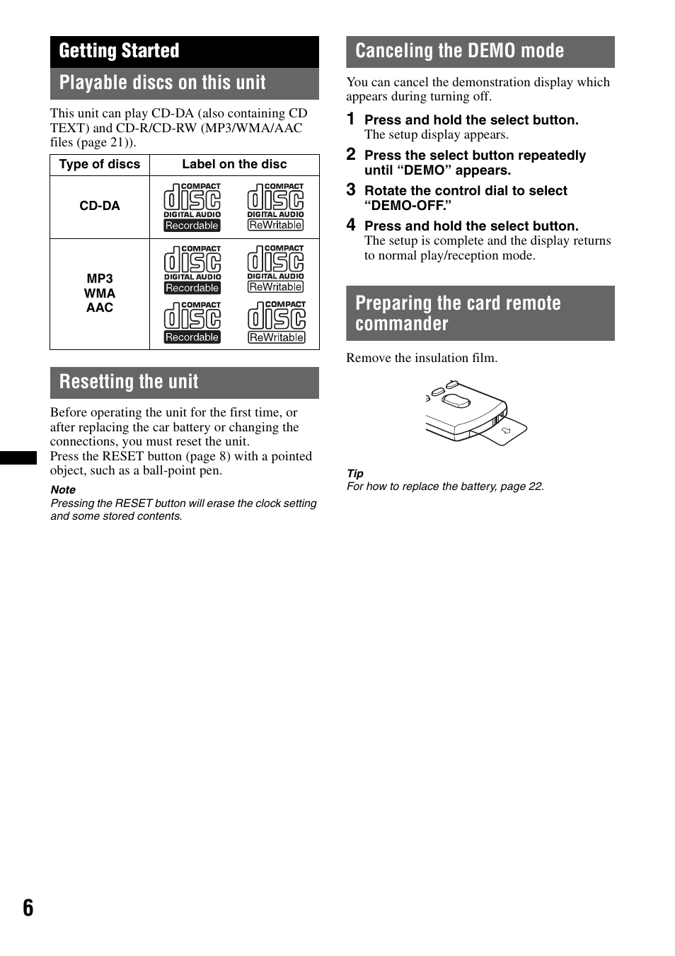 Getting started, Playable discs on this unit, Resetting the unit | Canceling the demo mode, Preparing the card remote commander, Getting started playable discs on this unit | Sony WX-GT77UI User Manual | Page 6 / 52