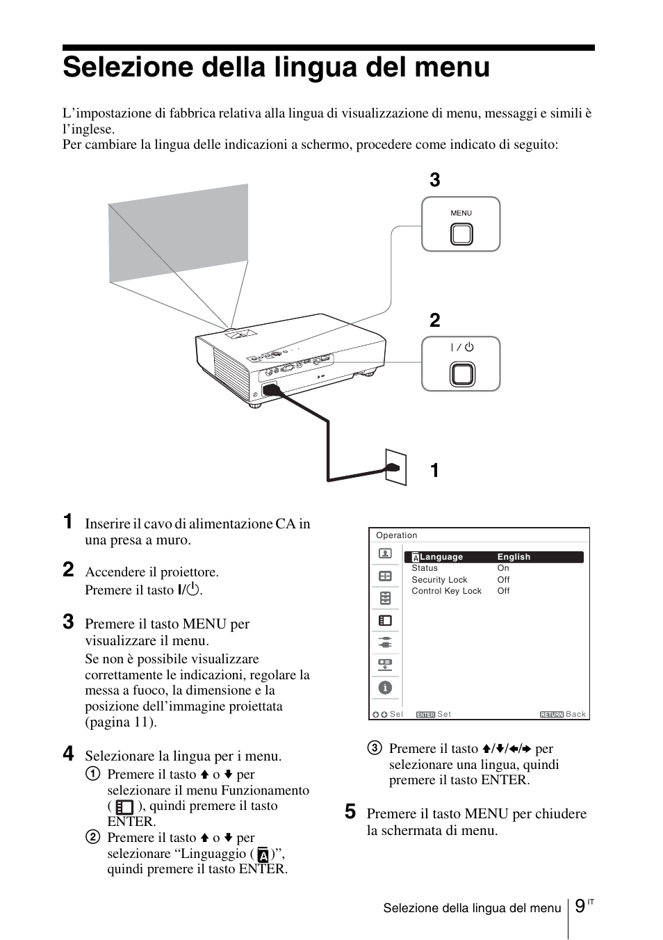 Selezione della lingua del menu | Sony VPL-DX145 User Manual | Page 105 / 132