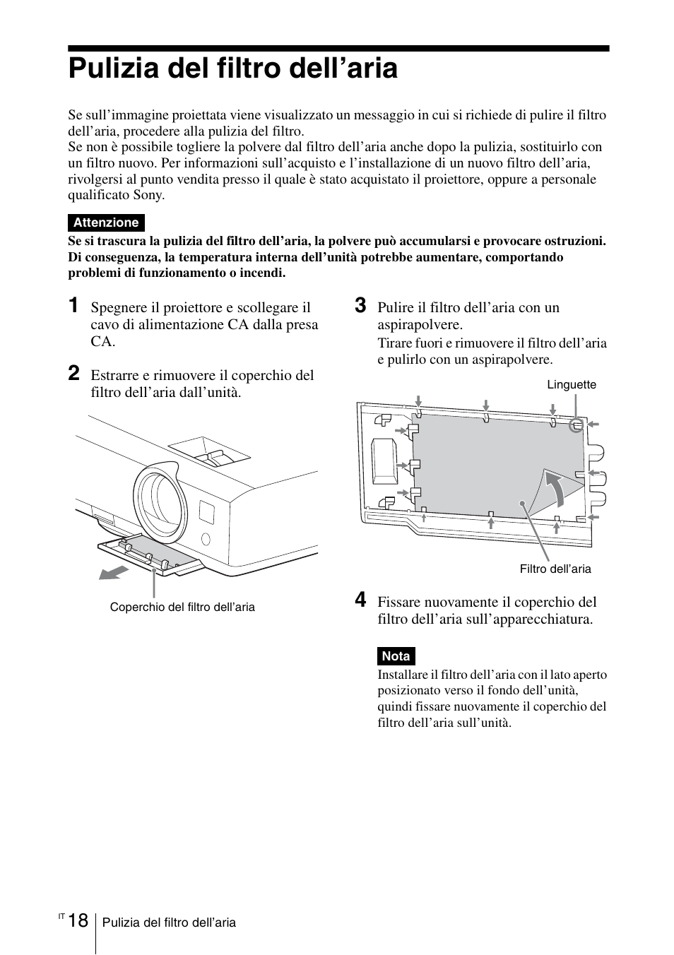 Pulizia del filtro dell’aria | Sony VPL-DX145 User Manual | Page 114 / 132