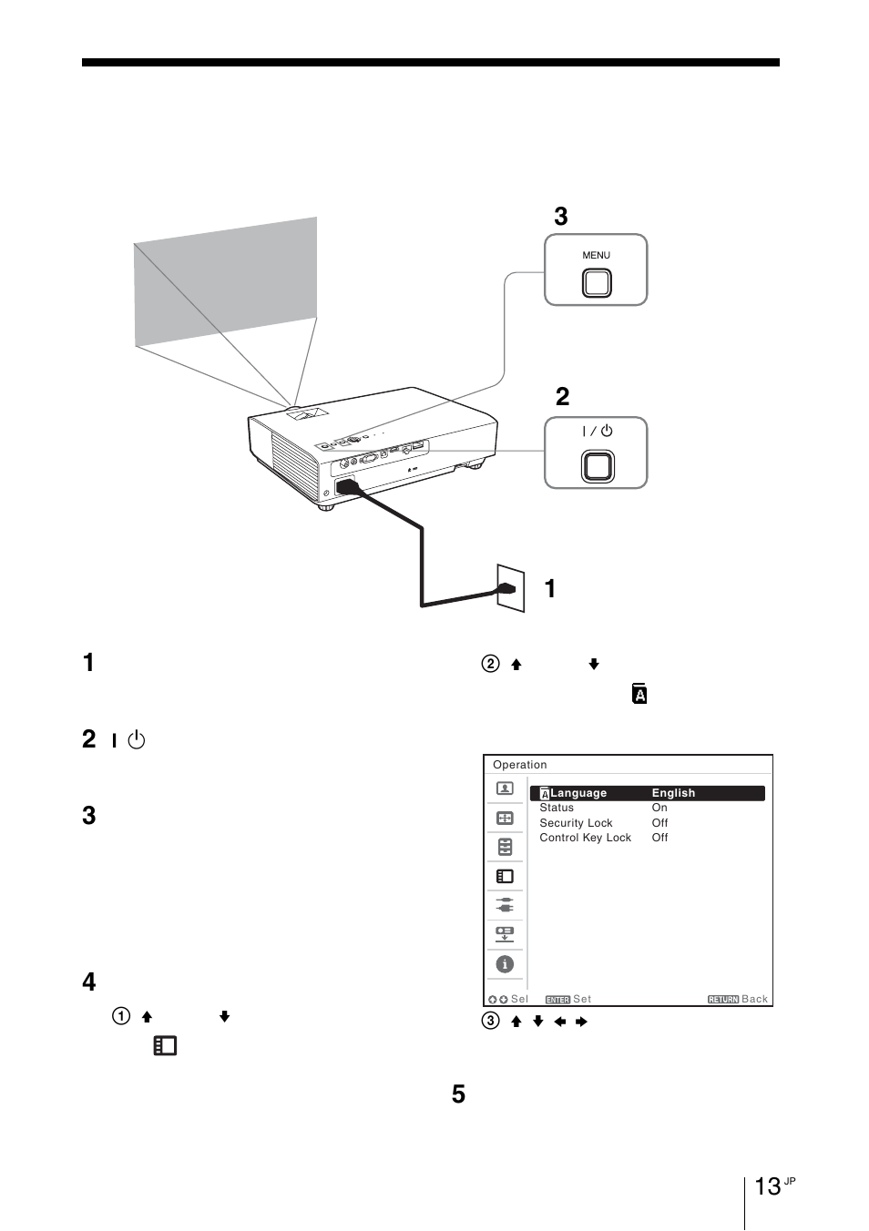 メニューの表示言語を切り替える | Sony VPL-DX145 User Manual | Page 13 / 132