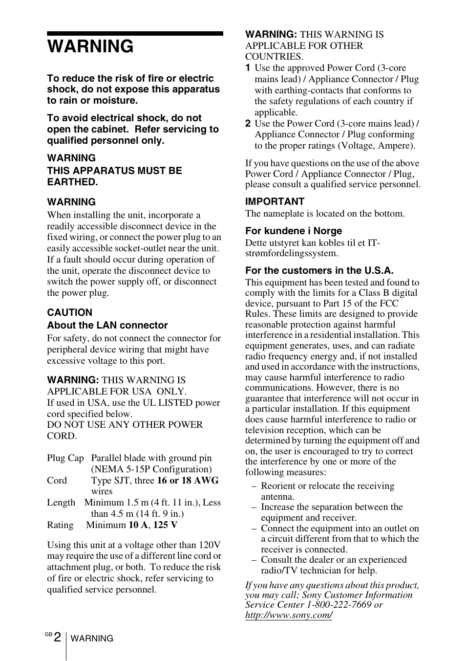 Warning | Sony VPL-DX145 User Manual | Page 24 / 132