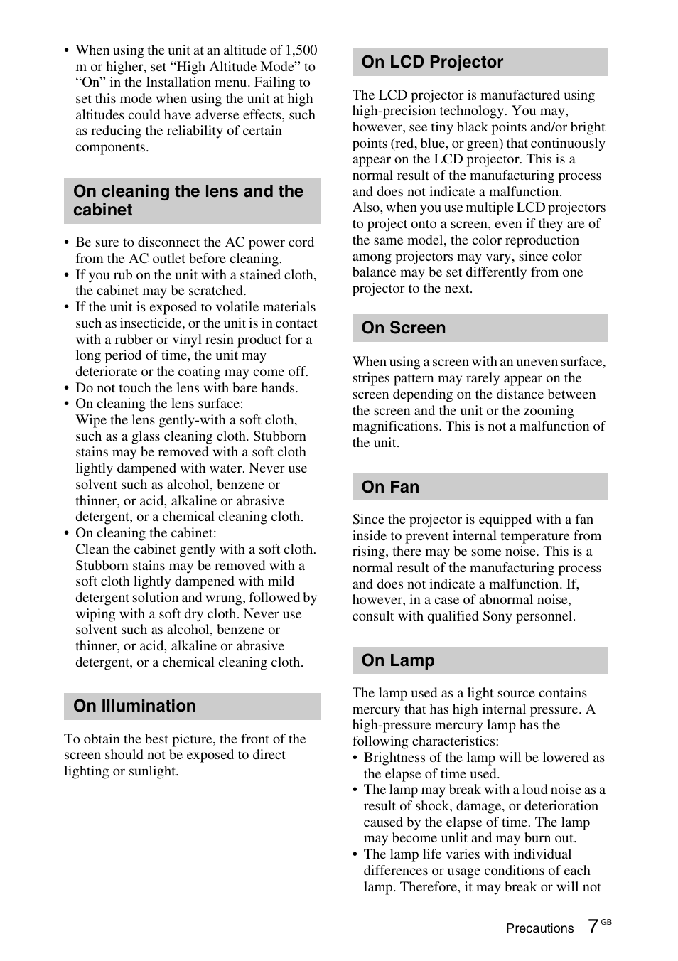 On cleaning the lens and the cabinet, On illumination, On lcd projector | On screen, On fan, On lamp | Sony VPL-DX145 User Manual | Page 29 / 132