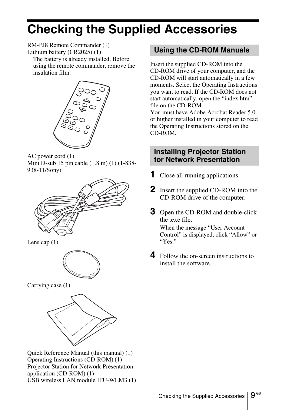 Checking the supplied accessories, Using the cd-rom manuals | Sony VPL-DX145 User Manual | Page 31 / 132