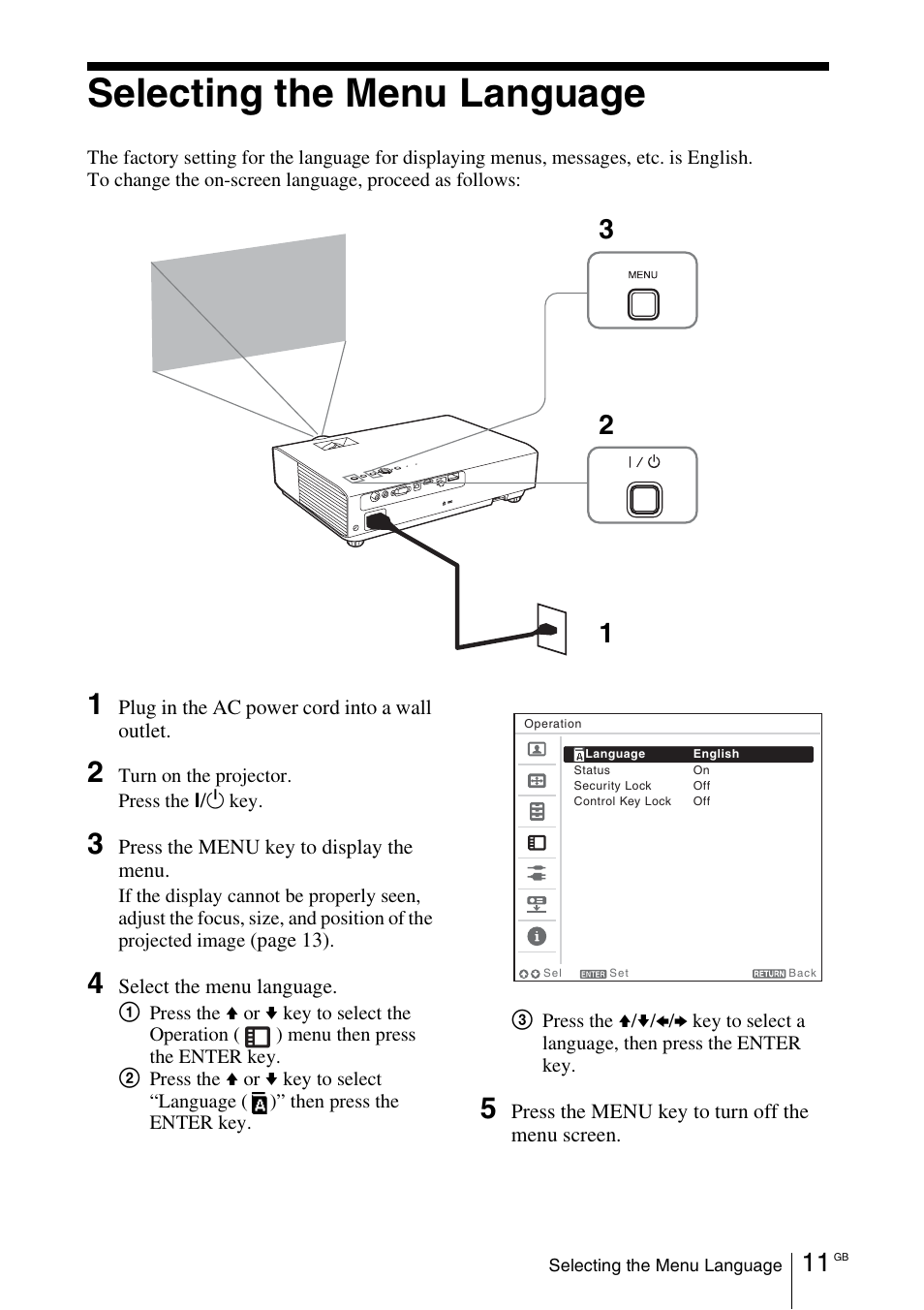 Selecting the menu language | Sony VPL-DX145 User Manual | Page 33 / 132