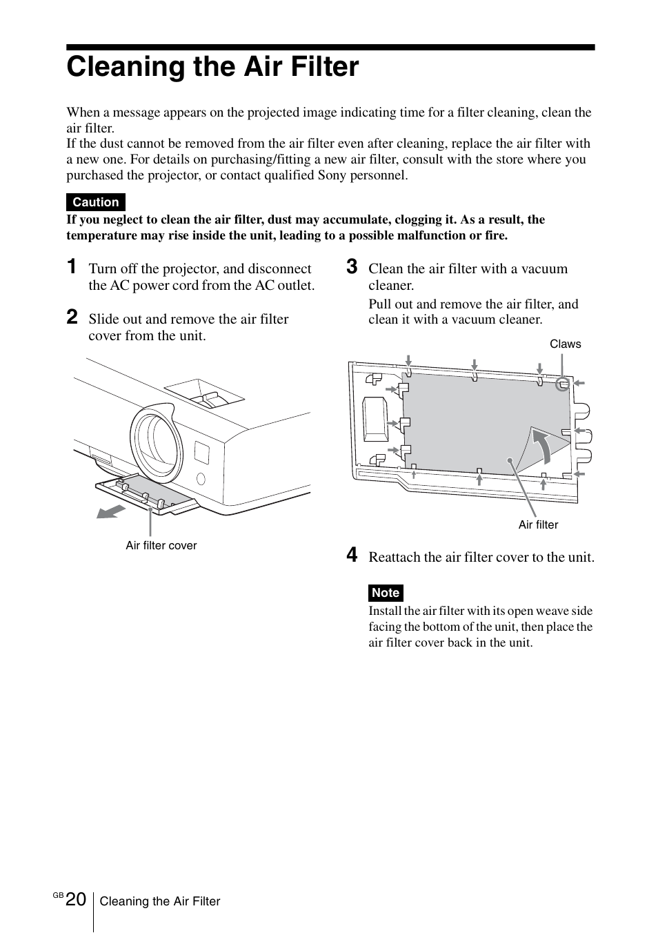 Cleaning the air filter | Sony VPL-DX145 User Manual | Page 42 / 132