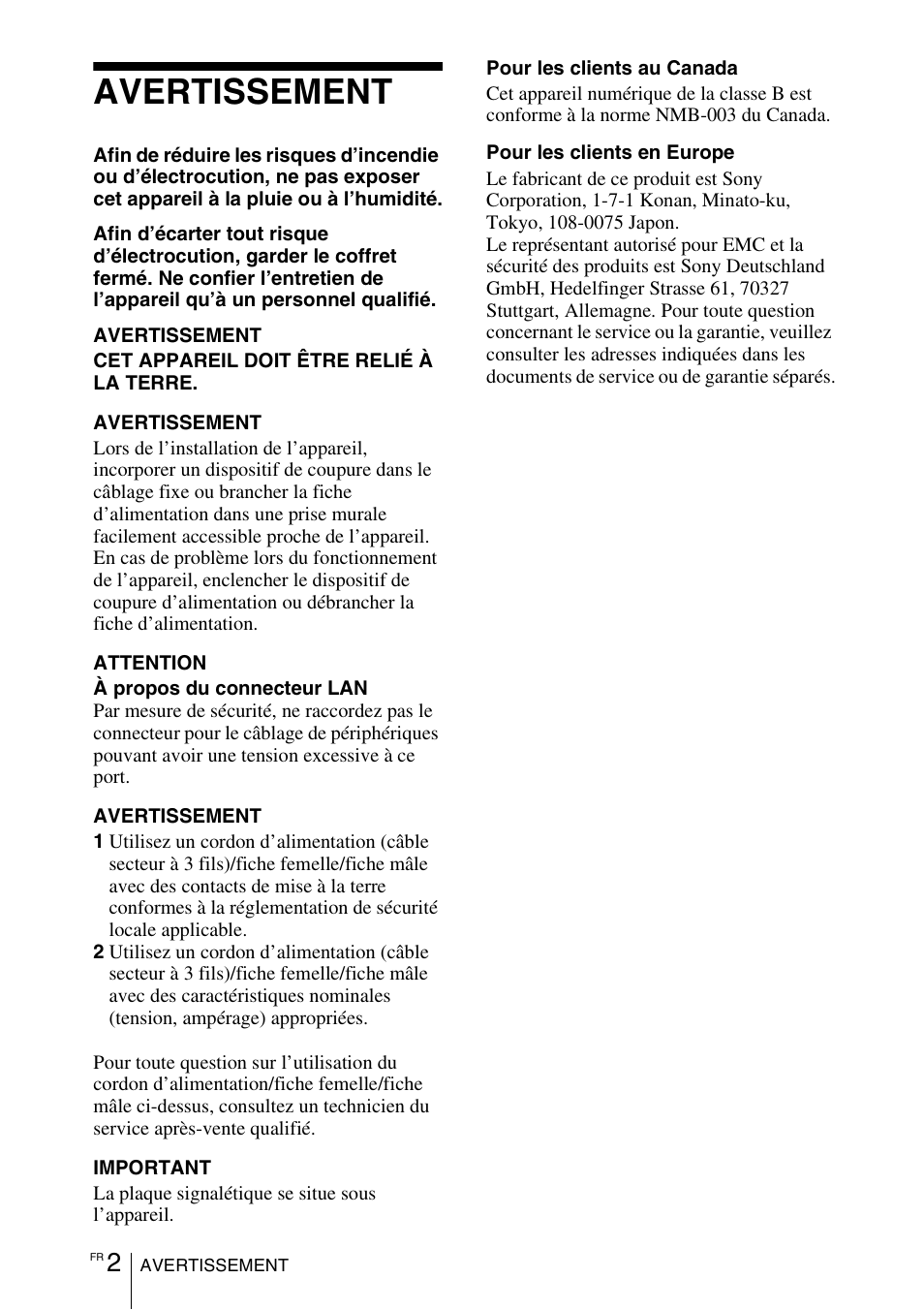 Avertissement | Sony VPL-DX145 User Manual | Page 44 / 132