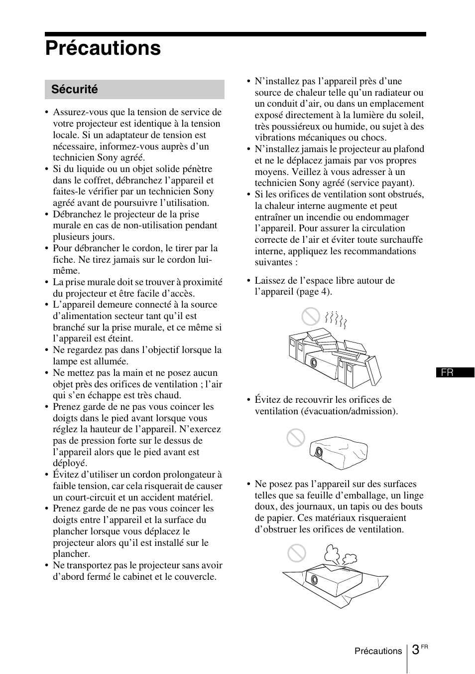 Précautions, Sécurité | Sony VPL-DX145 User Manual | Page 45 / 132