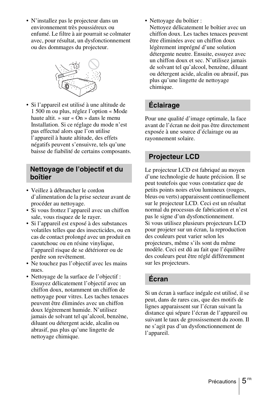 Nettoyage de l’objectif et du boîtier, Éclairage, Projecteur lcd | Écran | Sony VPL-DX145 User Manual | Page 47 / 132