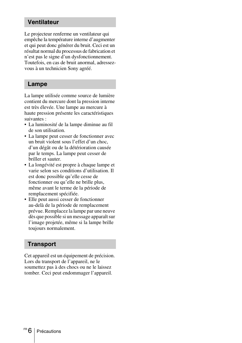 Ventilateur, Lampe, Transport | Sony VPL-DX145 User Manual | Page 48 / 132