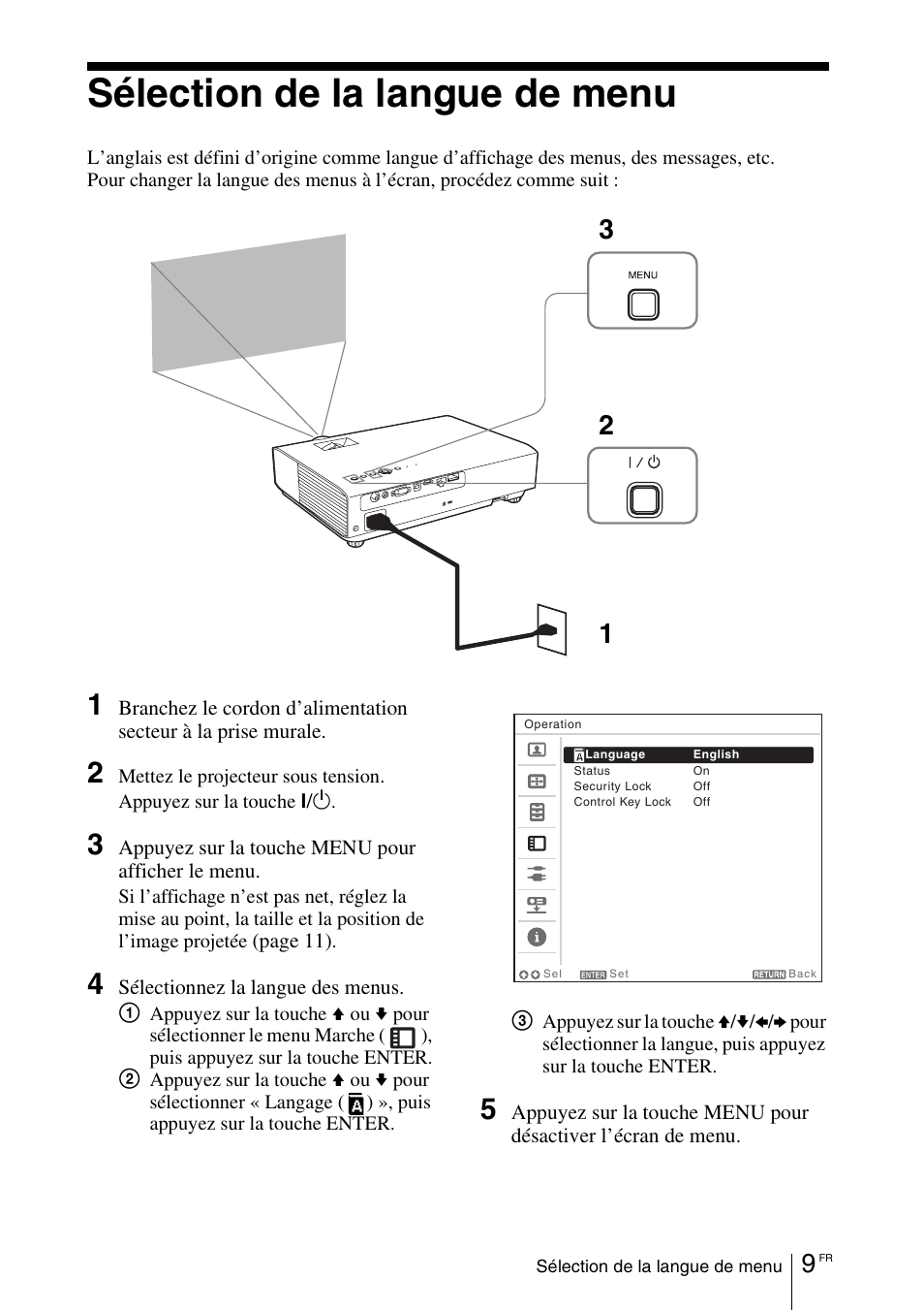 Sélection de la langue de menu | Sony VPL-DX145 User Manual | Page 51 / 132