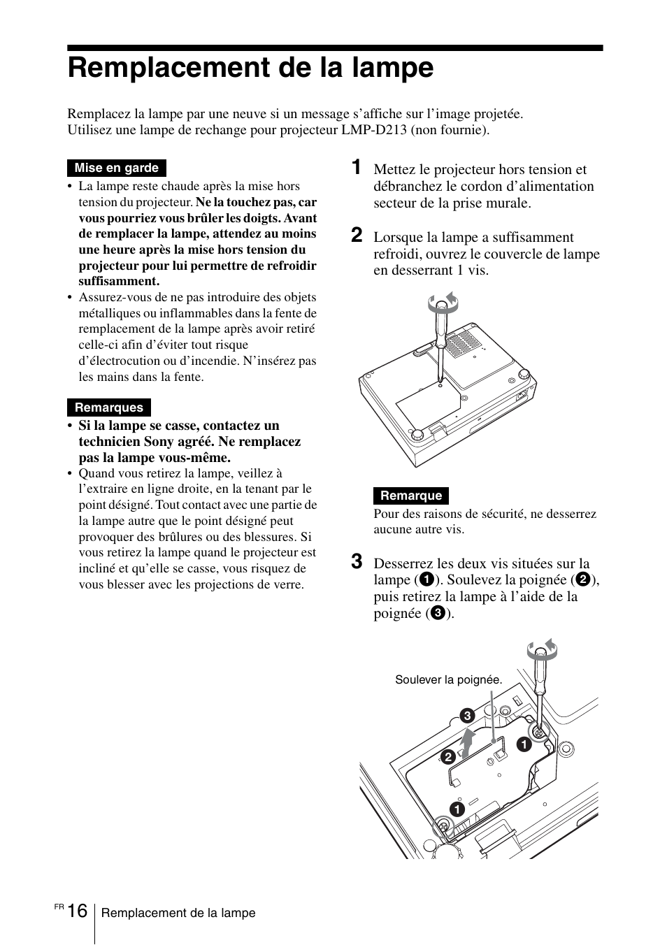 Remplacement de la lampe | Sony VPL-DX145 User Manual | Page 58 / 132