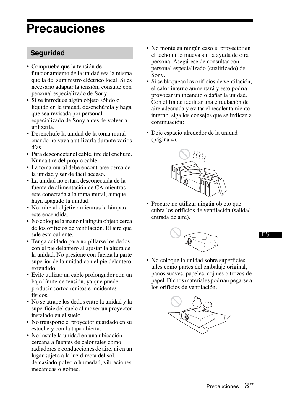 Precauciones, Seguridad | Sony VPL-DX145 User Manual | Page 63 / 132