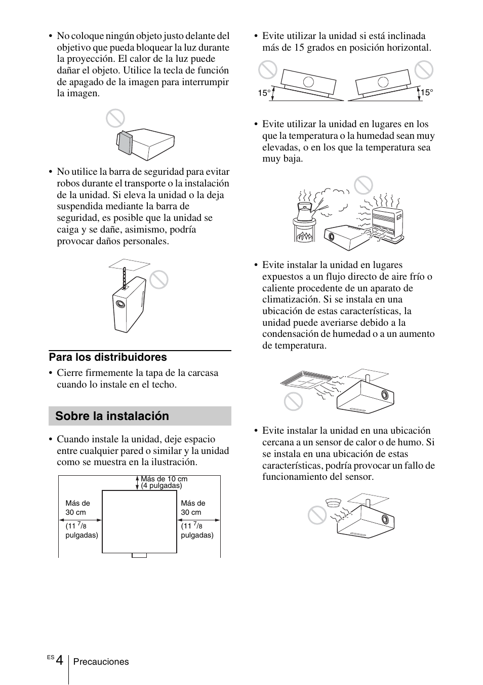 Sobre la instalación, Para los distribuidores | Sony VPL-DX145 User Manual | Page 64 / 132