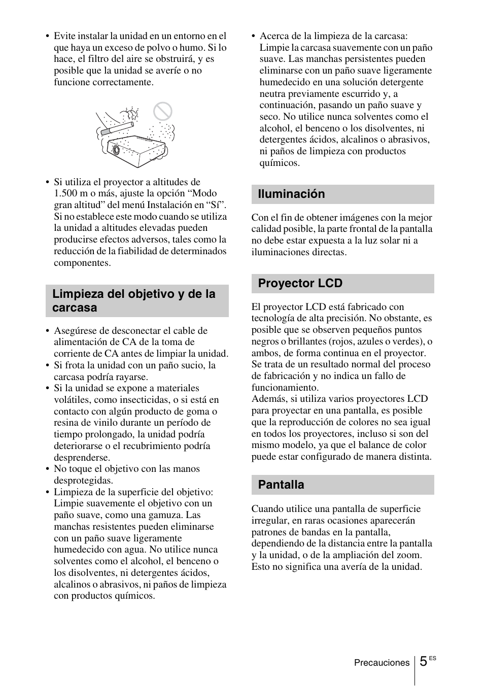 Limpieza del objetivo y de la carcasa, Iluminación, Proyector lcd | Pantalla | Sony VPL-DX145 User Manual | Page 65 / 132