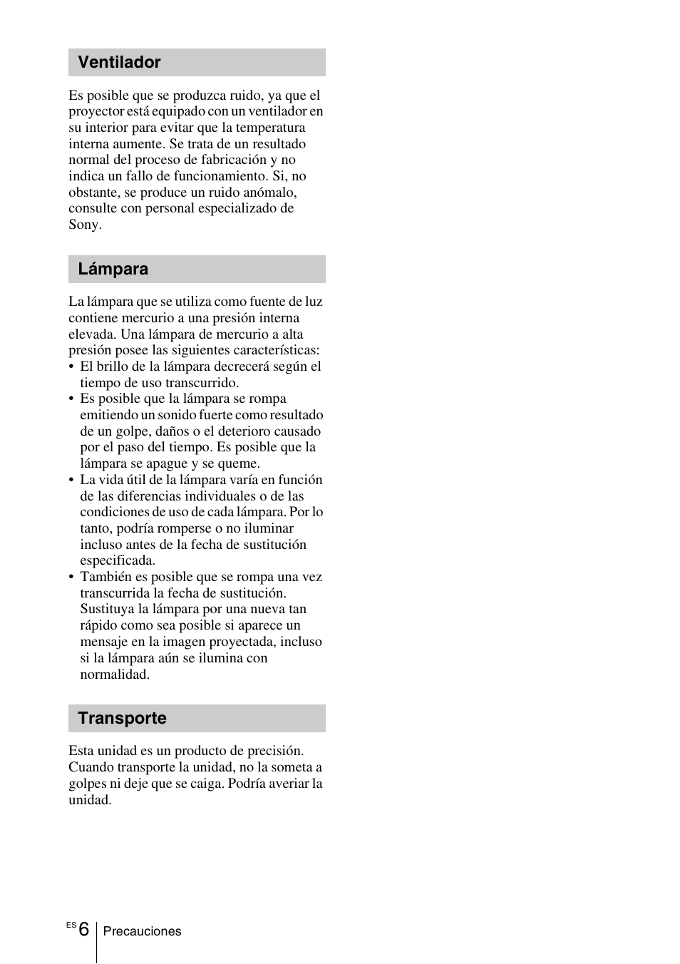 Ventilador, Lámpara, Transporte | Sony VPL-DX145 User Manual | Page 66 / 132