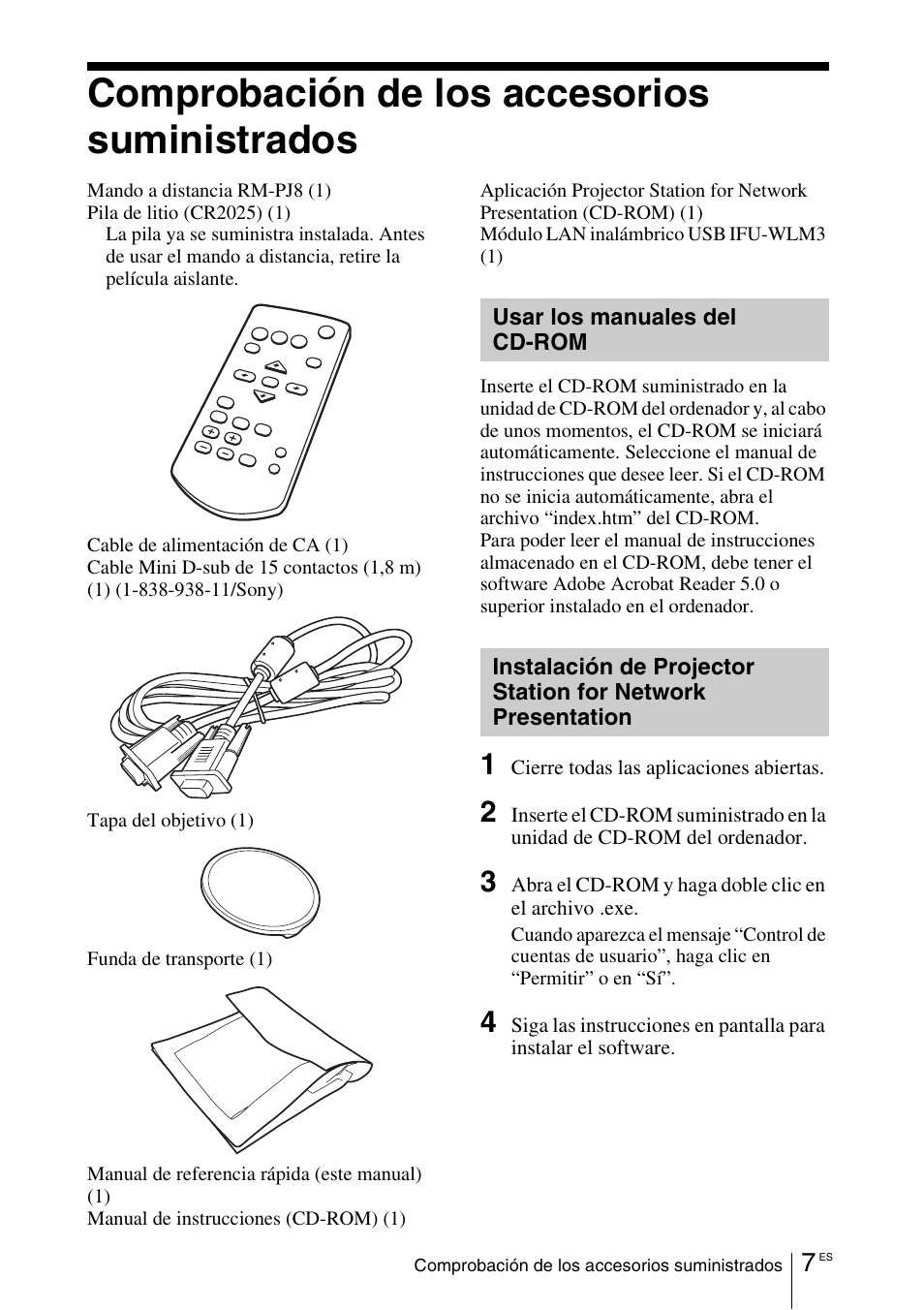 Comprobación de los accesorios suministrados, Usar los manuales del cd-rom | Sony VPL-DX145 User Manual | Page 67 / 132