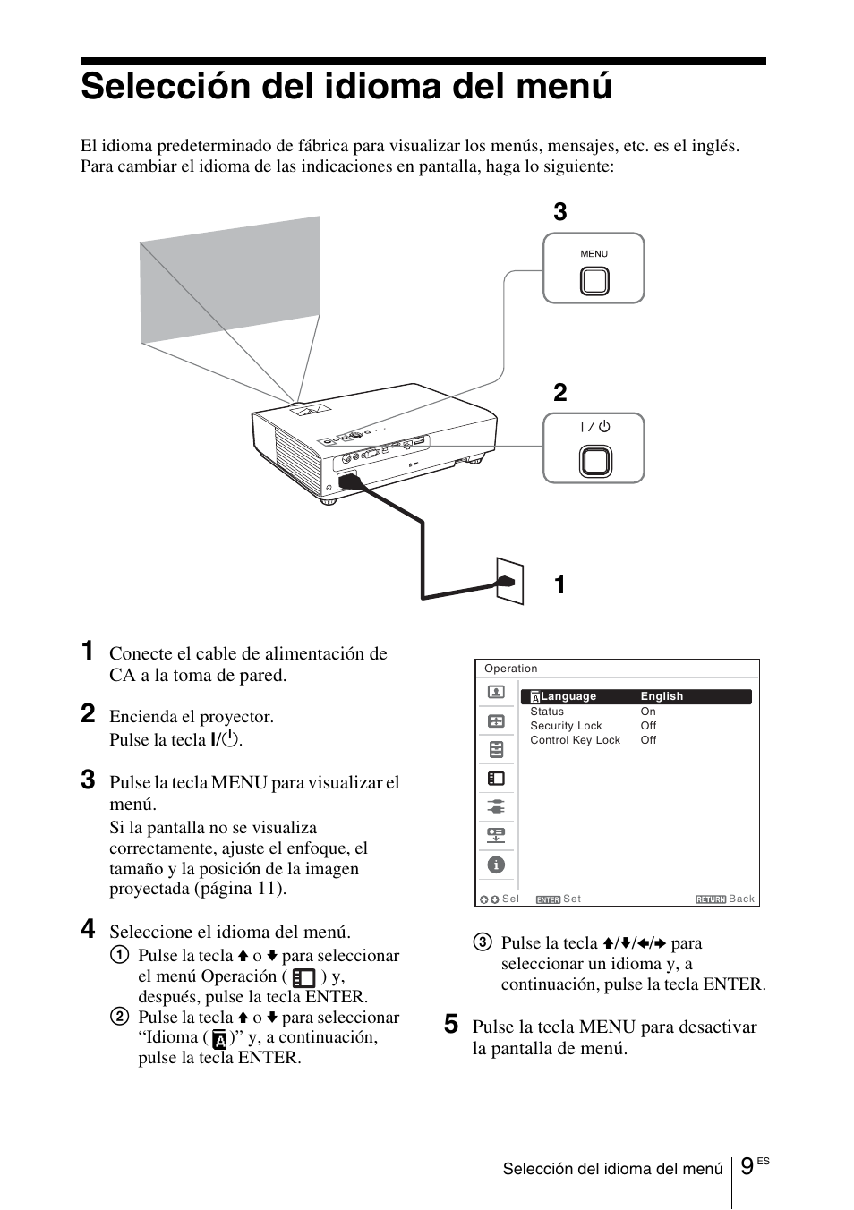 Selección del idioma del menú | Sony VPL-DX145 User Manual | Page 69 / 132