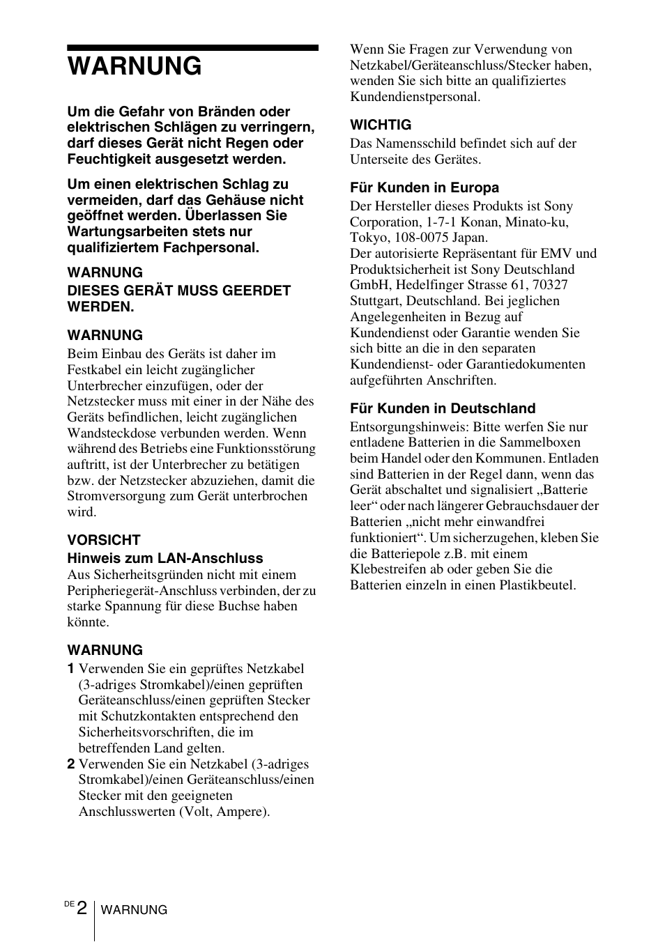 Warnung | Sony VPL-DX145 User Manual | Page 80 / 132