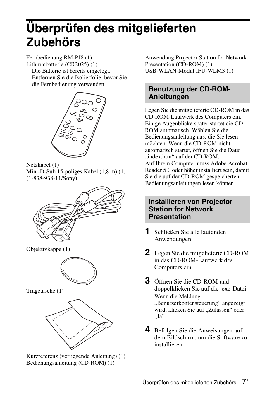 Überprüfen des mitgelieferten zubehörs, Benutzung der cd-rom-anleitungen | Sony VPL-DX145 User Manual | Page 85 / 132