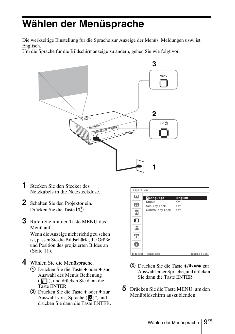 Wählen der menüsprache | Sony VPL-DX145 User Manual | Page 87 / 132