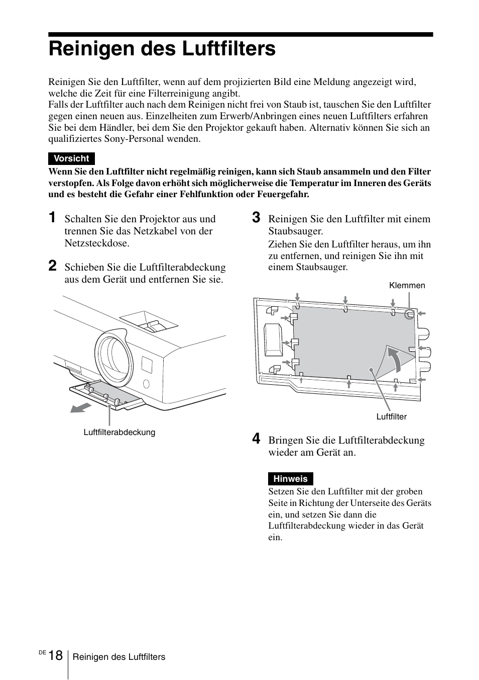 Reinigen des luftfilters | Sony VPL-DX145 User Manual | Page 96 / 132