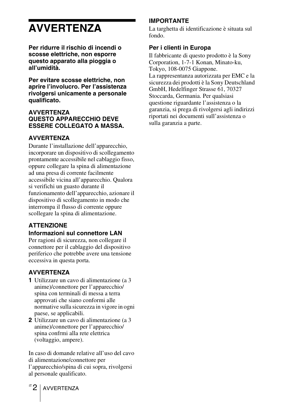 Avvertenza | Sony VPL-DX145 User Manual | Page 98 / 132