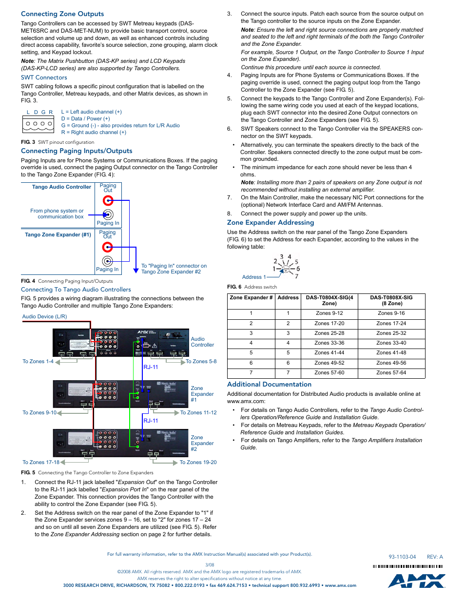 Connecting zone outputs, Swt connectors, Connecting paging inputs/outputs | Connecting to tango audio controllers, Zone expander addressing, Additional documentation | AMX DAS-T0804X/8X-SIG User Manual | Page 2 / 2