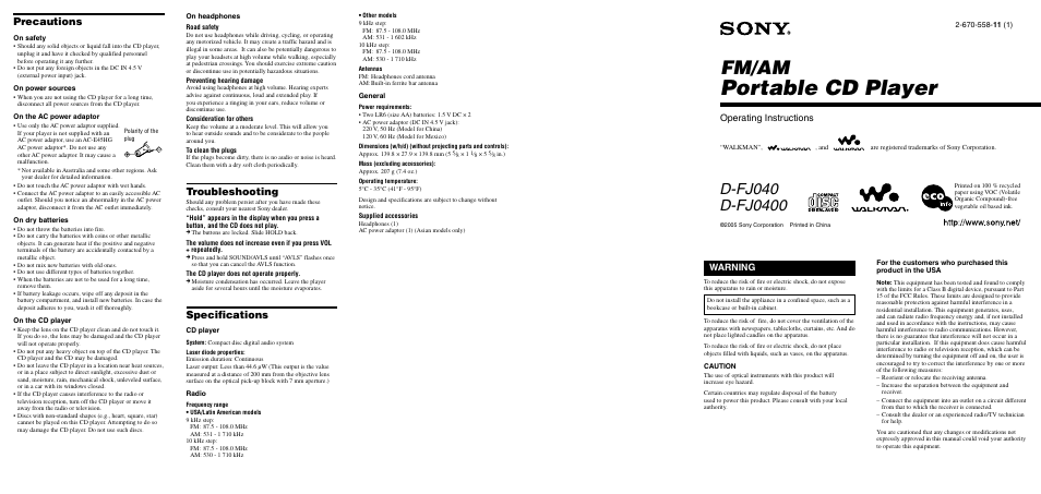 Sony D-FJ040PS User Manual | 2 pages