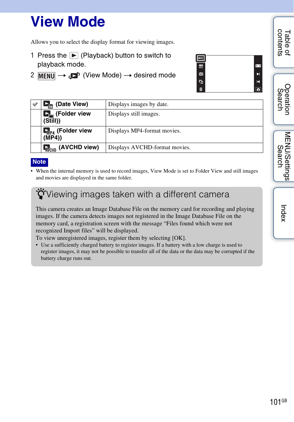 View mode, View mode), Viewing images taken with a different camera | Sony DSC-TX9 User Manual | Page 101 / 190