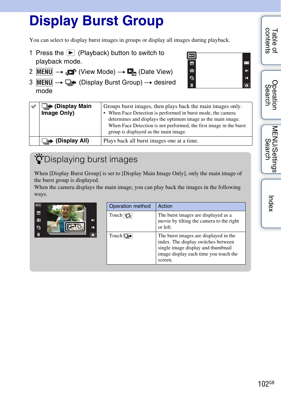 Display burst group, Display burst group), Displaying burst images | Sony DSC-TX9 User Manual | Page 102 / 190