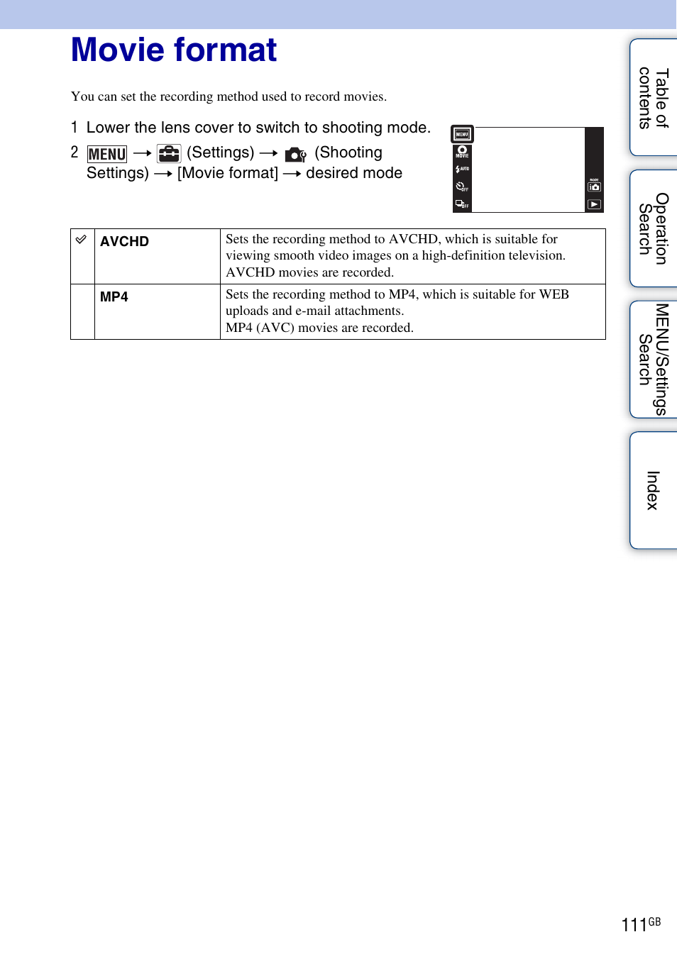 Movie format | Sony DSC-TX9 User Manual | Page 111 / 190