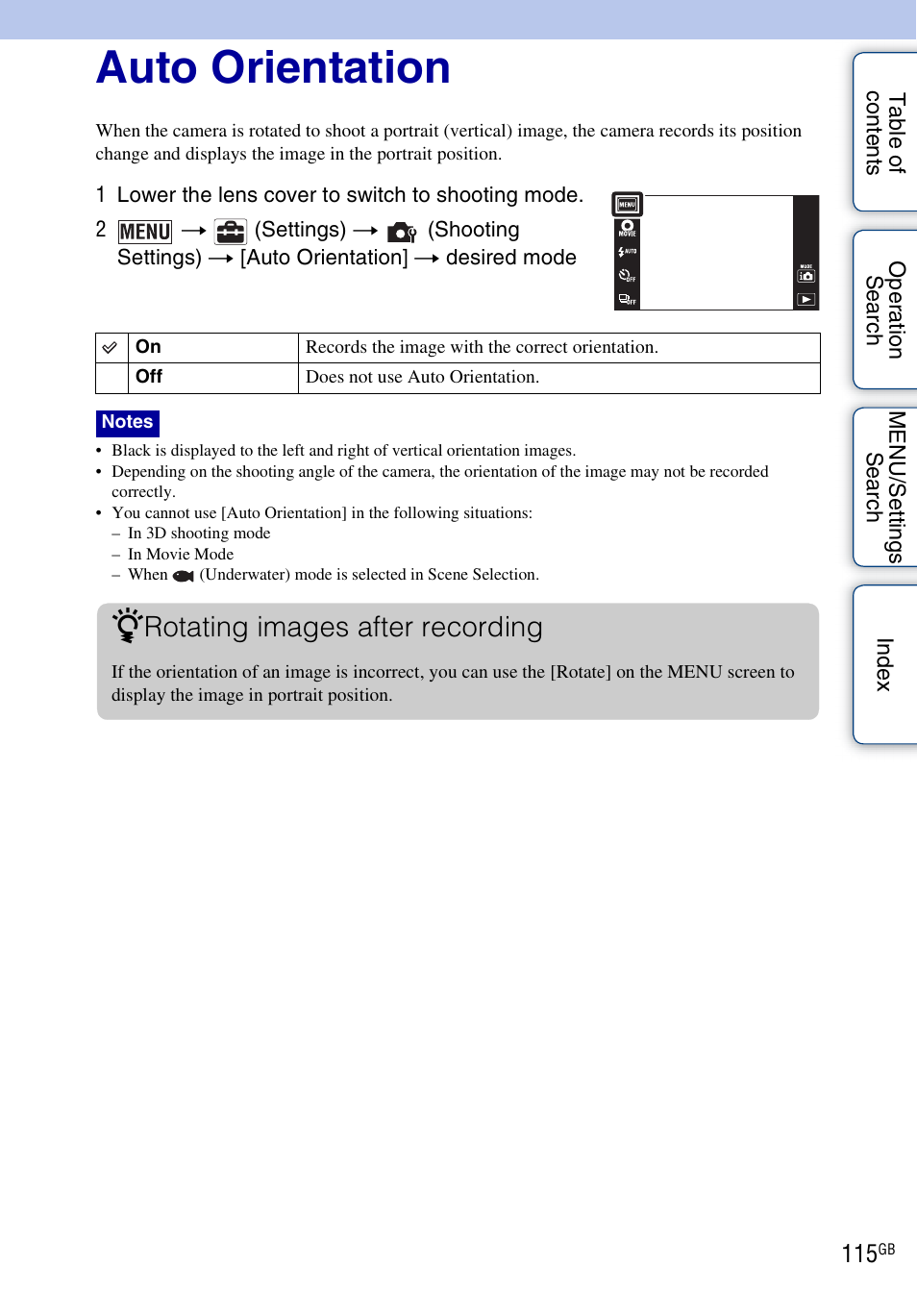 Auto orientation, Rotating images after recording | Sony DSC-TX9 User Manual | Page 115 / 190