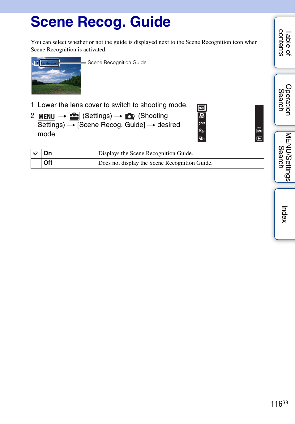 Scene recog. guide | Sony DSC-TX9 User Manual | Page 116 / 190