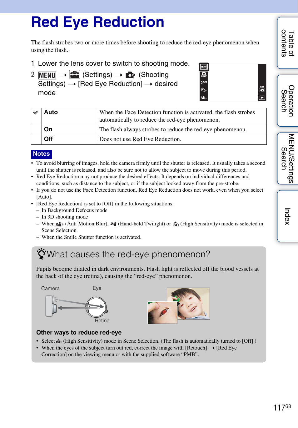 Red eye reduction, What causes the red-eye phenomenon | Sony DSC-TX9 User Manual | Page 117 / 190