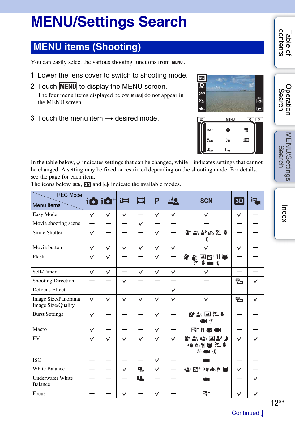 Menu/settings search, Se ar, Ttin | Menu items (shooting), 3 touch the menu item t desired mode | Sony DSC-TX9 User Manual | Page 12 / 190