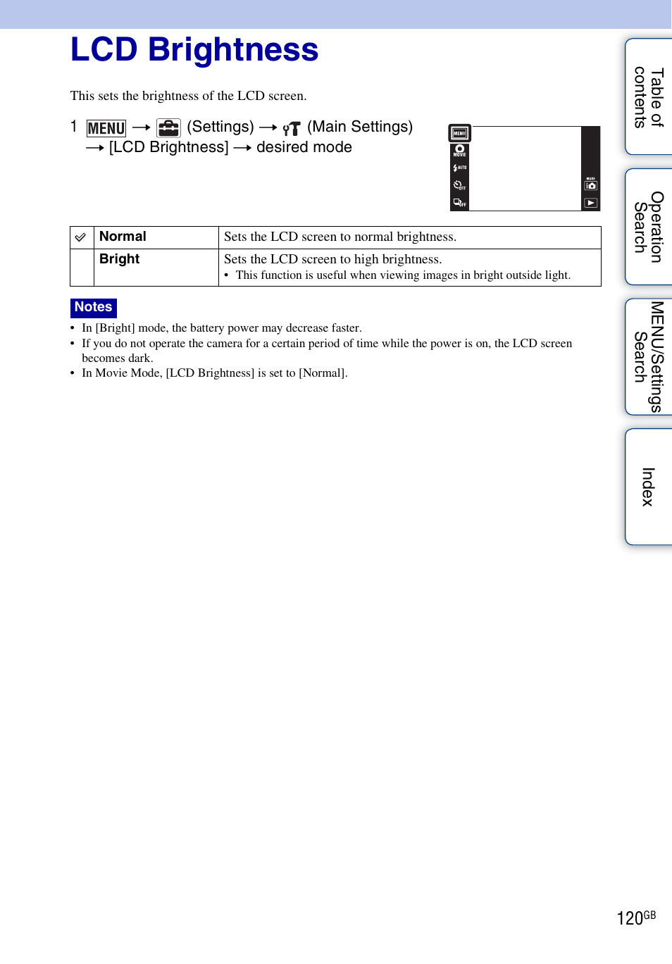 Lcd brightness | Sony DSC-TX9 User Manual | Page 120 / 190