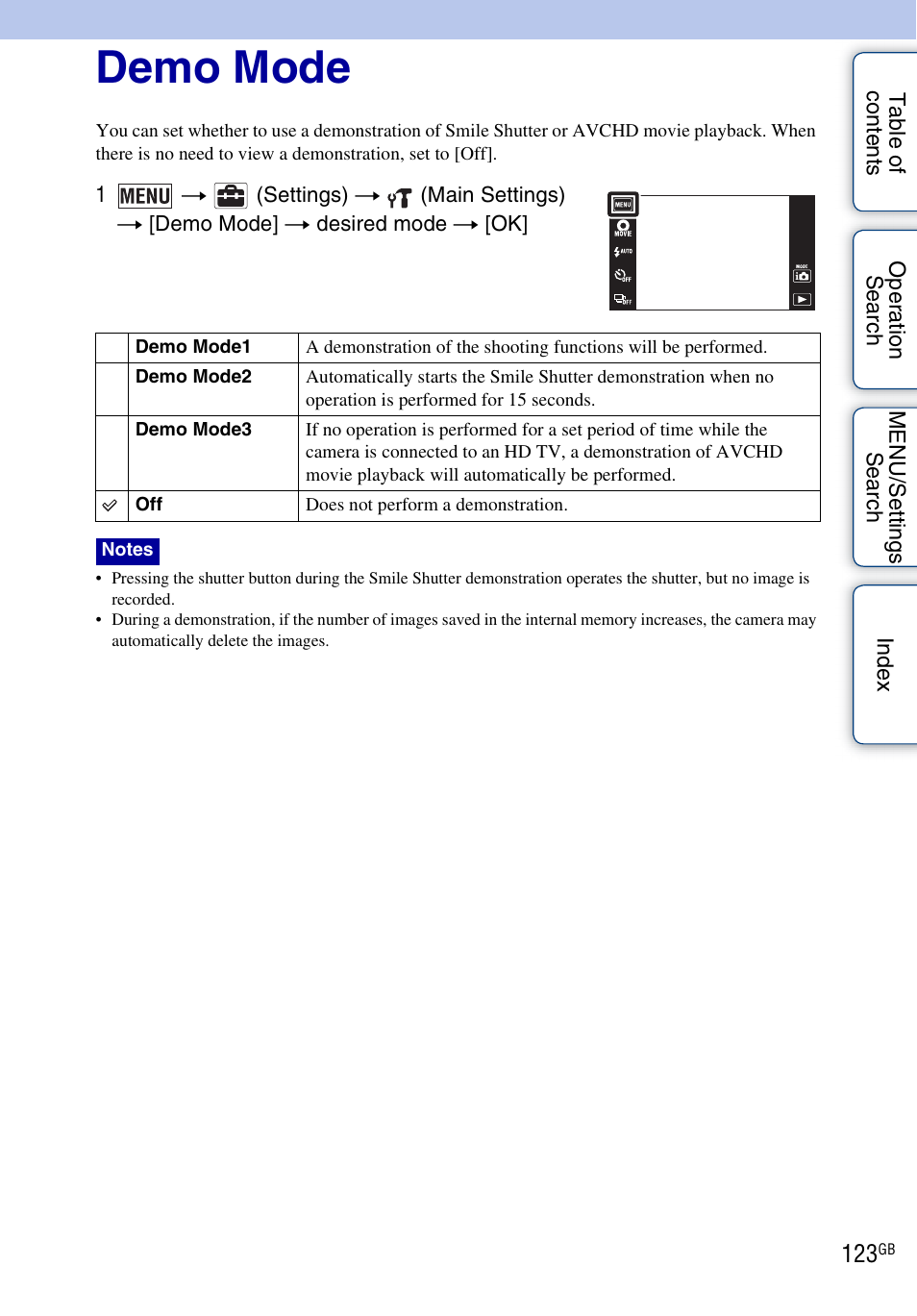 Demo mode | Sony DSC-TX9 User Manual | Page 123 / 190