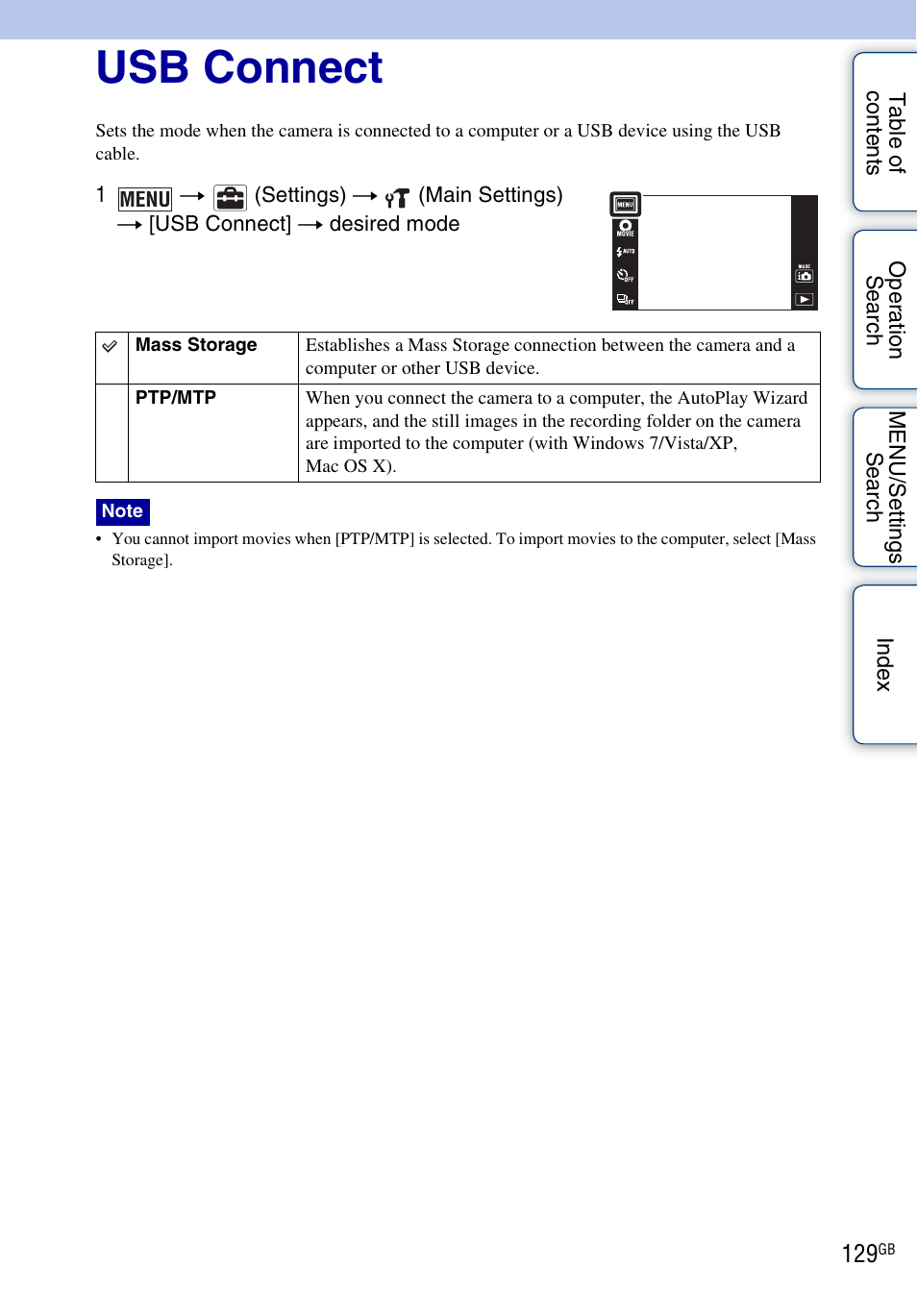 Usb connect | Sony DSC-TX9 User Manual | Page 129 / 190